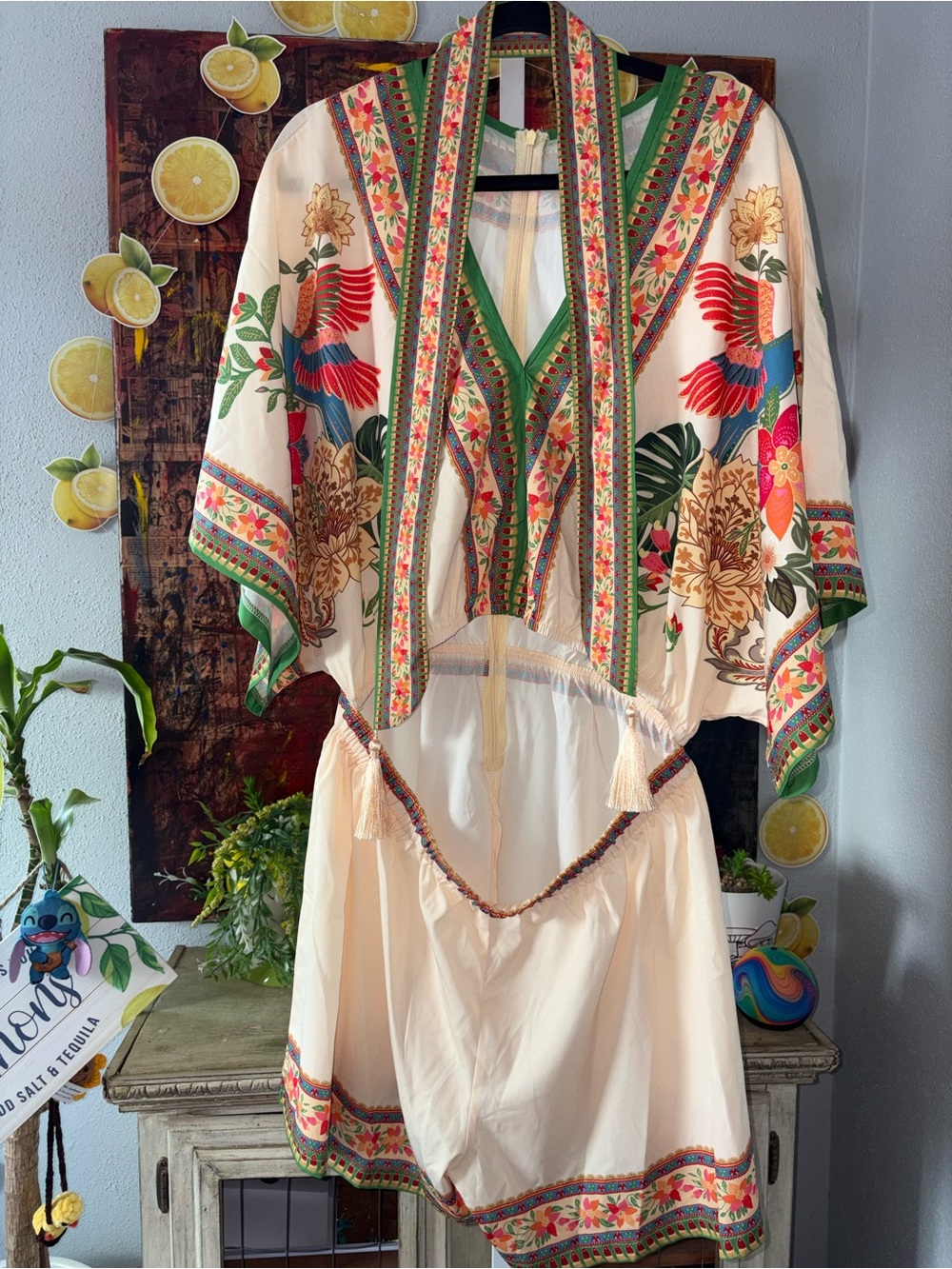 Cream Embroidered V-Neck Romper with Multicolor Floral & Bird Motif